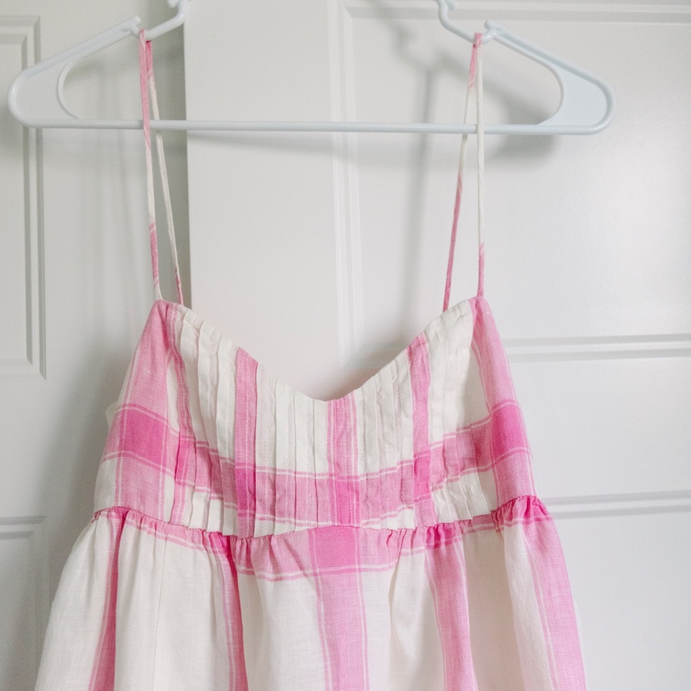 Anthropologie Maeve X-Small Plaid Linen Tie-Back Maxi Dress Bohemian Pink White - Picture 3 of 7
